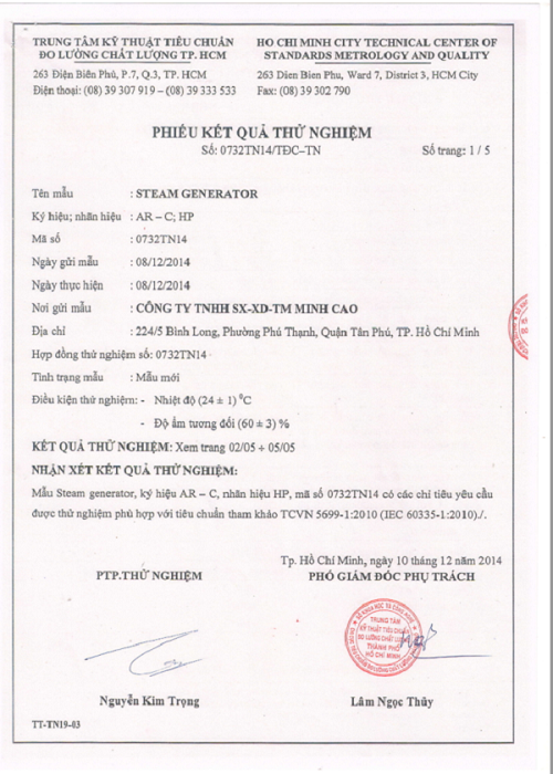 Máy xông hơi ướt Mai Hân được kiểm nghiệm đạt tiêu chuẩn an toàn