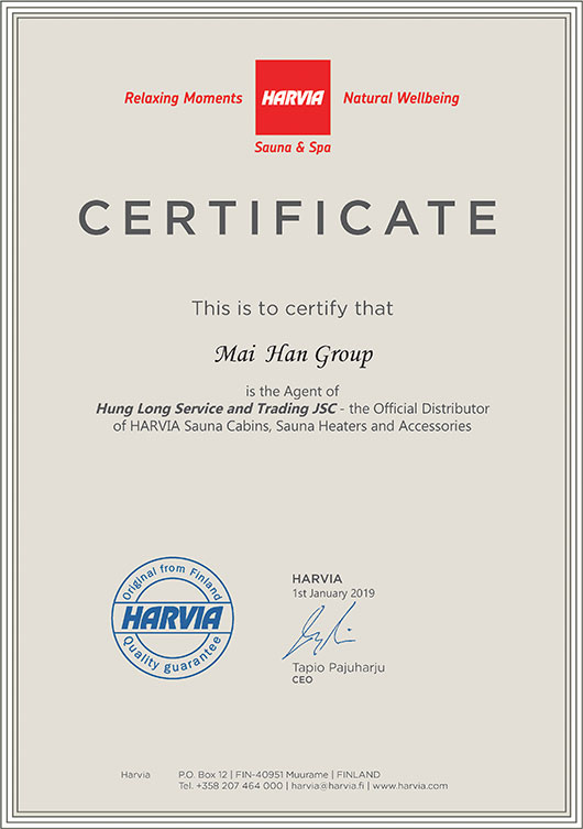 Chứng nhận phân phối máy xông hơi Harvia