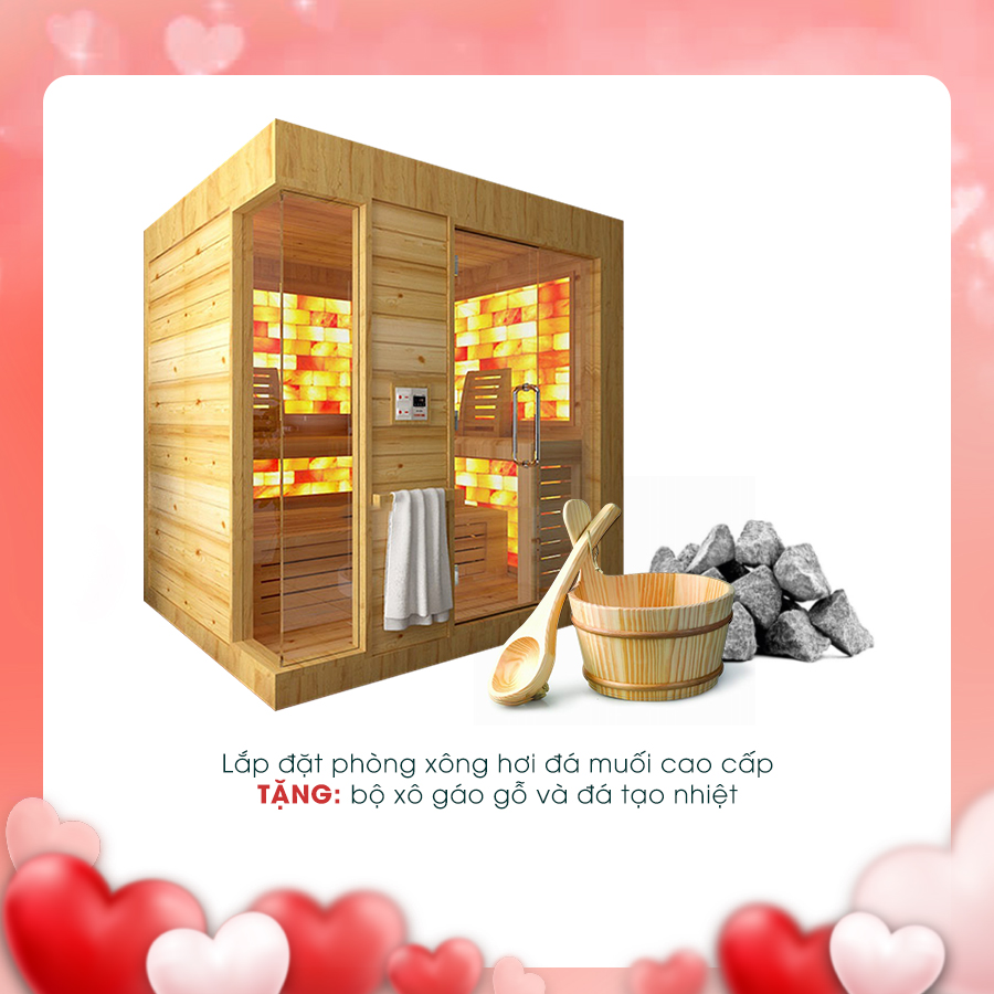 Lắp đặt phòng xông hơi đá muối gia đình, tặng trọn bộ phụ kiện( xô, gáo gỗ, đá tạo nhiệt,...) 