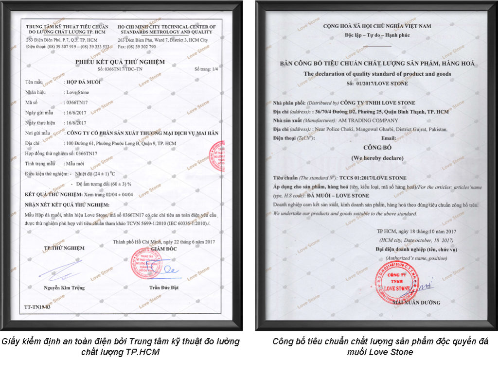 GIẤY CHỨNG NHẬN KẾT QUẢ THỬ NGHIỆM HỘP ĐÁ MUỐI MASSAGE CHÂN LOVE STONE DELUXE