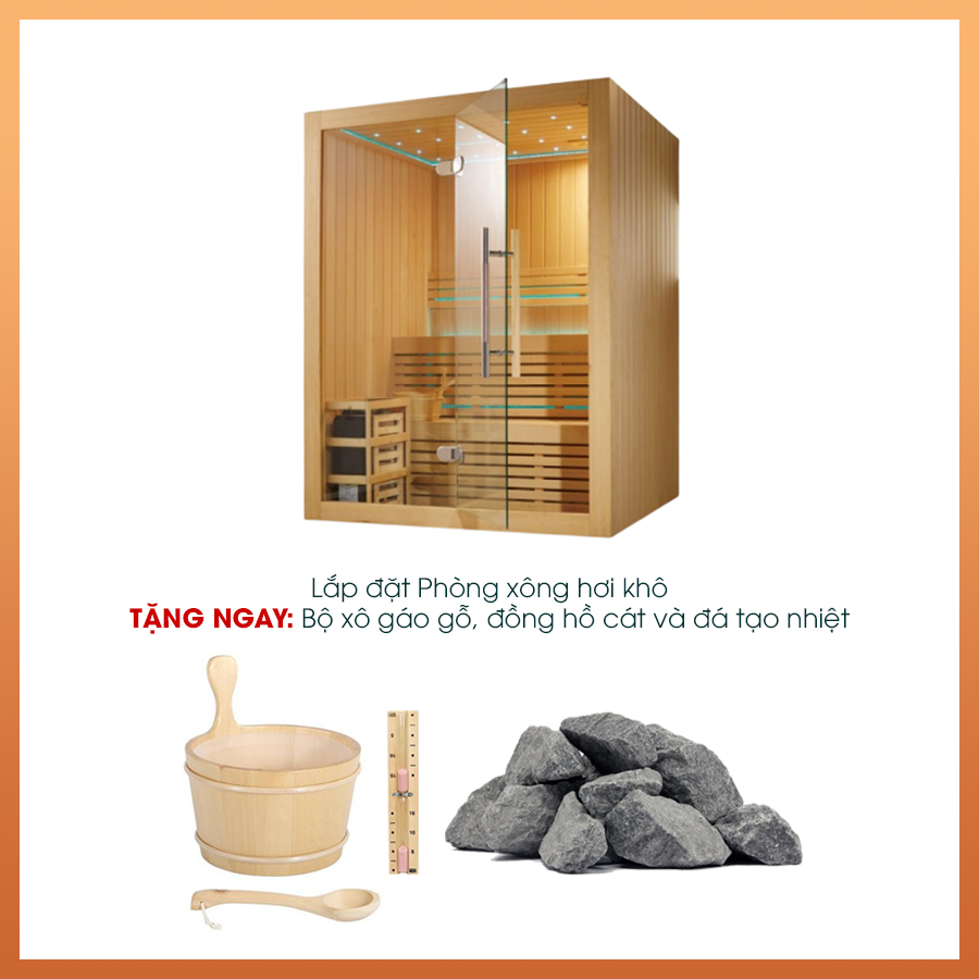 NHẬN NGAY bộ COMBO xô, gáo gỗ, đồng hồ cát và đá tạo nhiệt khi lắp đặt Phòng xông hơi khô   