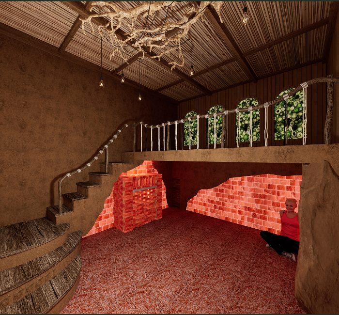 Phòng xông hơi khô đá muối hồng ngoại kết hợp đá muối rải sàn Phòng xông hơi khô đá muối hồng ngoại kết hợp đá muối rải sàn