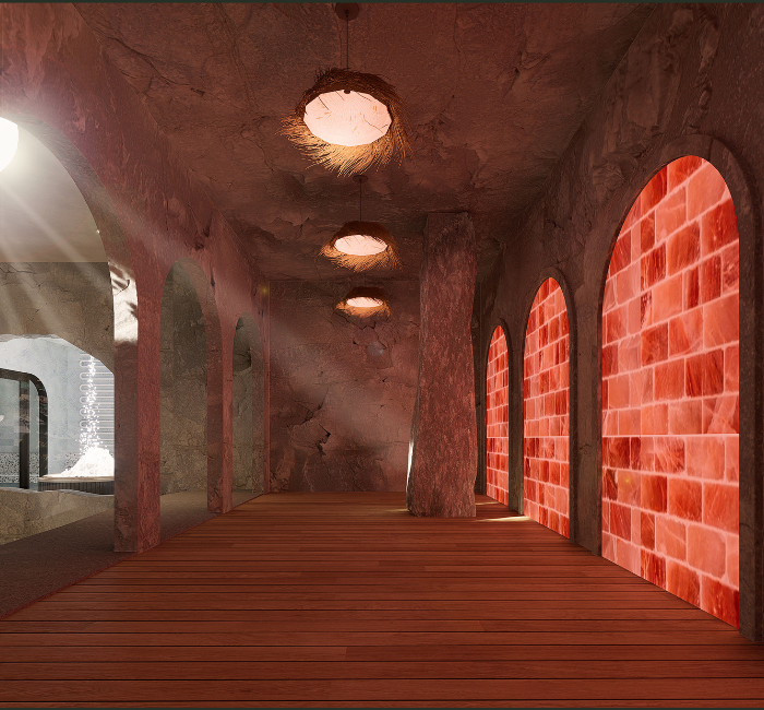 Phòng xông hơi khô đá muối hồng ngoại kết hợp đá muối rải sàn Phòng xông hơi khô đá muối hồng ngoại kết hợp đá muối rải sàn