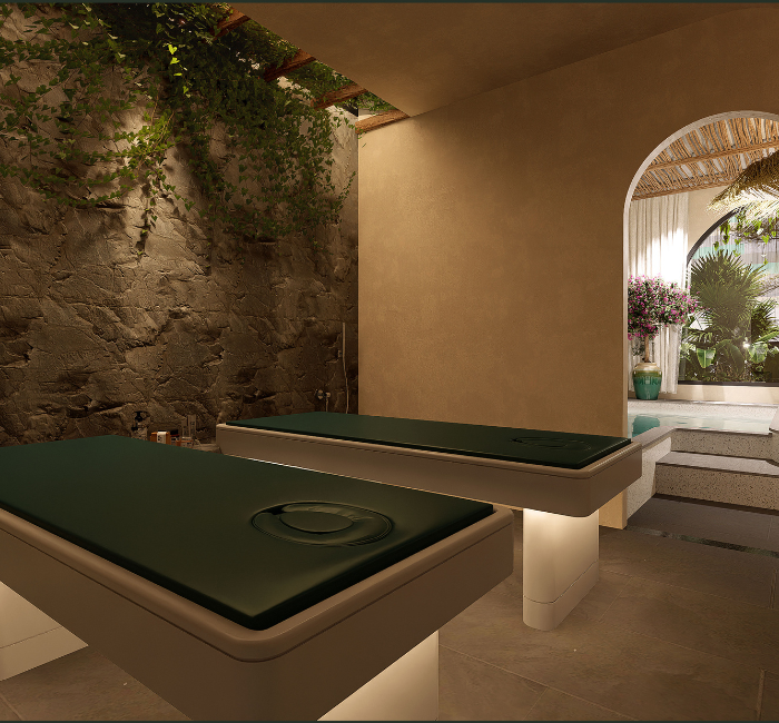 Phòng tẩy tế bào chết được thiết kế mộc mạc, gần gũi, kết hợp dây xanh leo trên trần và tường đá Phòng tẩy tế bào chết được thiết kế mộc mạc, gần gũi, kết hợp dây xanh leo trên trần và tường đá