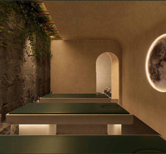 Phòng tẩy tế bào chết được thiết kế mộc mạc, gần gũi, kết hợp dây xanh leo trên trần và tường đá Phòng tẩy tế bào chết được thiết kế mộc mạc, gần gũi, kết hợp dây xanh leo trên trần và tường đá