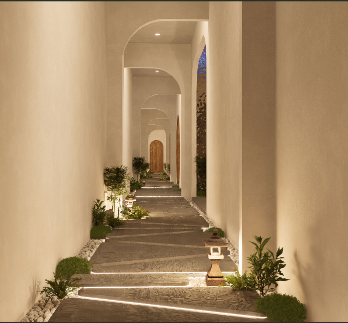 Đường hành lang thiết kế đèn trụ đá cổ điển, cây xanh xen kẽ lối đi và đèn led ốp sàn gạch bắt mắt Đường hành lang thiết kế đèn trụ đá cổ điển, cây xanh xen kẽ lối đi và đèn led ốp sàn gạch bắt mắt