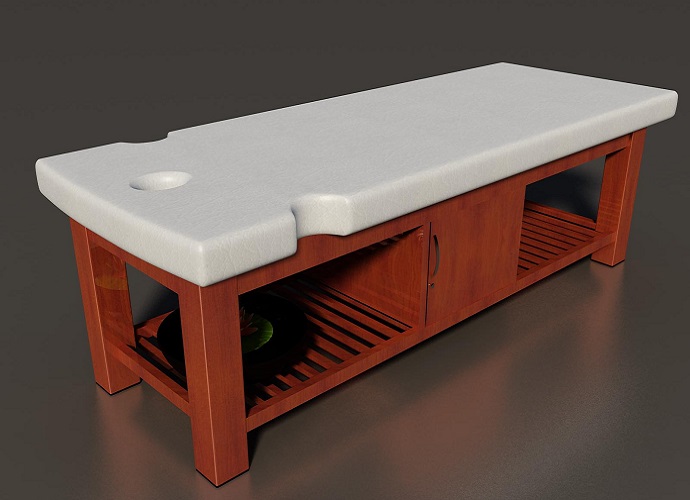 Giường massage body được khoét một lỗ tròn vừa vặn với khuôn mặt ở phía đầu giường, 2 hình bán nguyệt