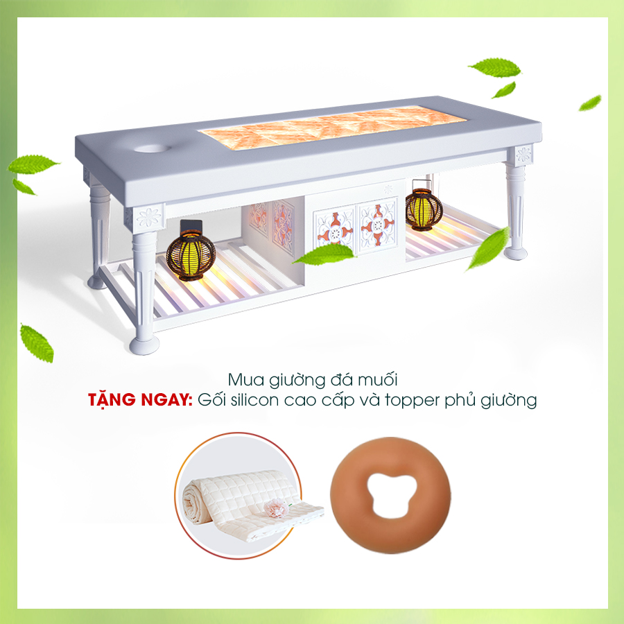 Mua giường đá muối TẶNG gối silicon cao cấp và topper phủ giường