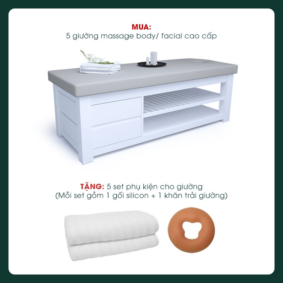 Mua combo 5 giường massage luxury tặng ngay 5 set phụ kiện cho giường (gồm 1 gối silicon + 1 khăn trải giường kích thước 90*180)