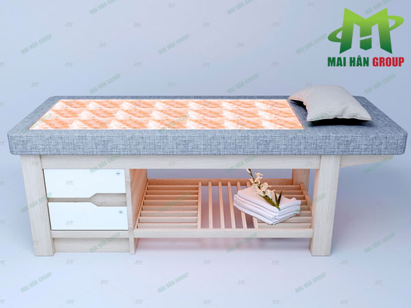 Giường massage đá muối 21 viên màu trắng có tủ