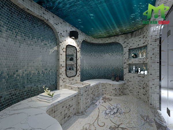 Mẫu phòng xông hơi ướt gạch Mosaic kết hợp hoa văn trang trí đẹp mắt