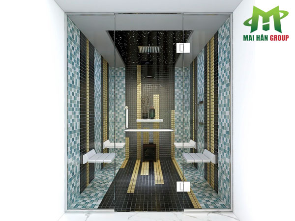 Mẫu phòng xông hơi kính kết hợp ốp gạch trang trí và 4 ghế ngồi xông hơi