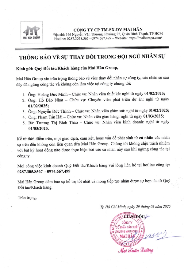 THÔNG BÁO VỀ SỰ THAY ĐỔI TRONG ĐỘI NGŨ NHÂN SỰ